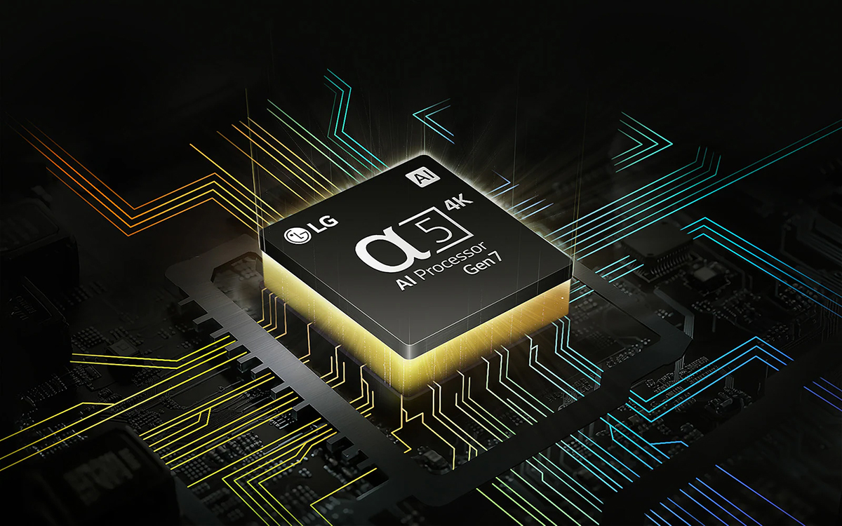Μια εικόνα του chip aplha της LG με κίτρινο φως να εκπέμπεται από κάτω, και πολύχρωμες γραμμές κυκλώματος να απομακρύνονται από το chip.